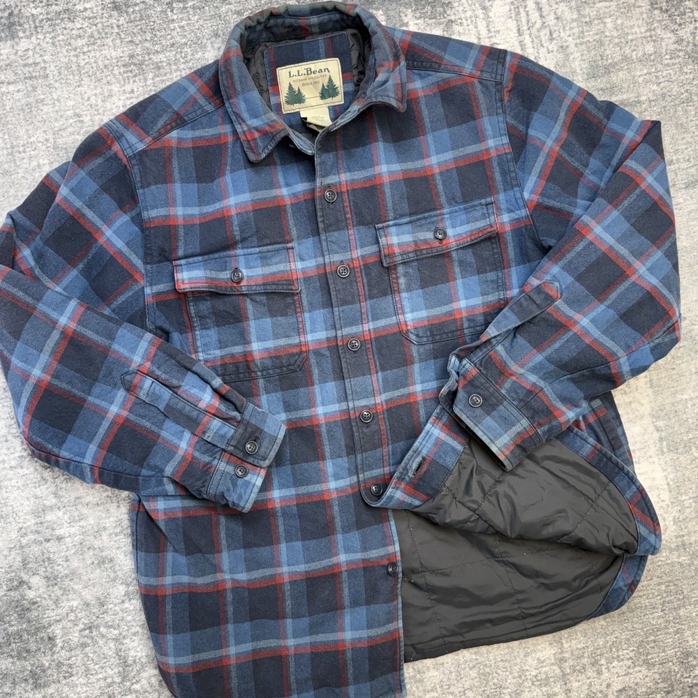 LL Bean Shirt Jacket Mens Medium Blue Plaid Flannel Insulated Fill Shacket Chore